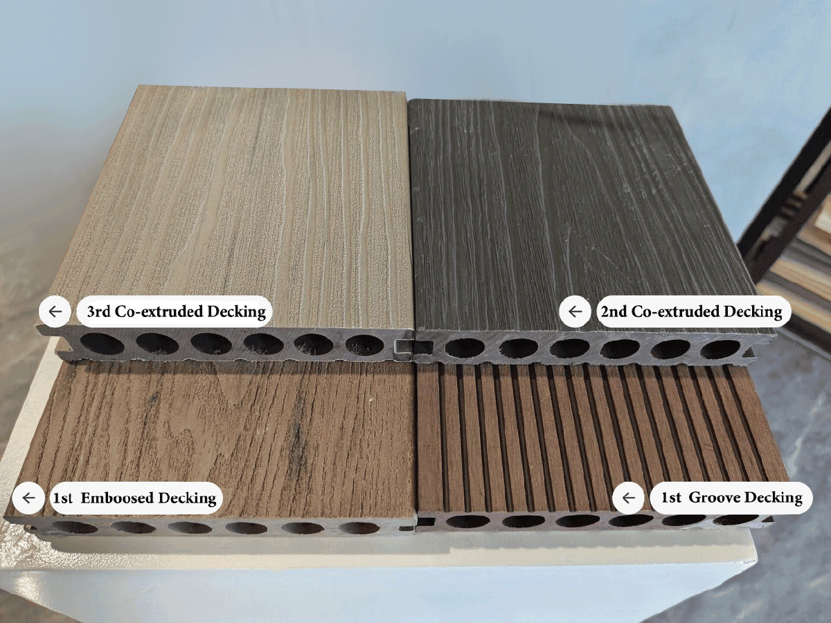 1st groove-embossed decking 2nd extruded decking 3rd co-extruded decking