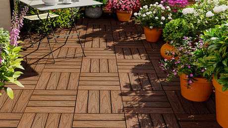 teak 3d embossed wpc deck tiles under Flower pots and tables and chairs appliacte for home terrace.jpg